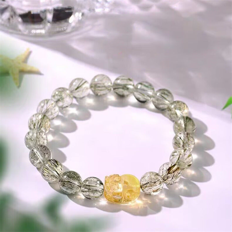 Natural Green Rutilated Quartz Crystal Bracelet with Pixiu