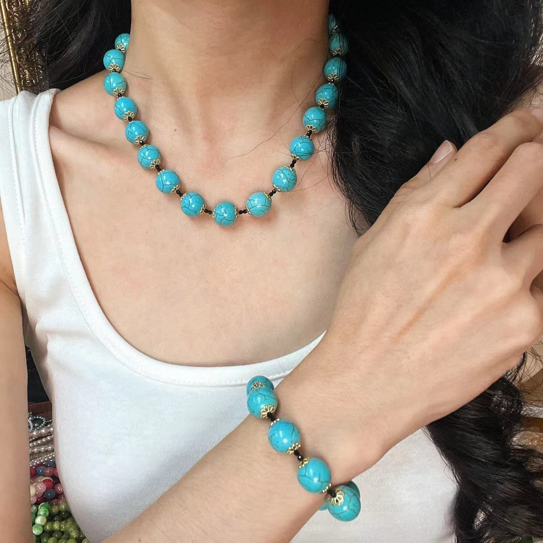 Vintage Artificial Turquoise Clavicle Chain Necklace Turquoise Bracelet Gemstone Jewelry Set for Women