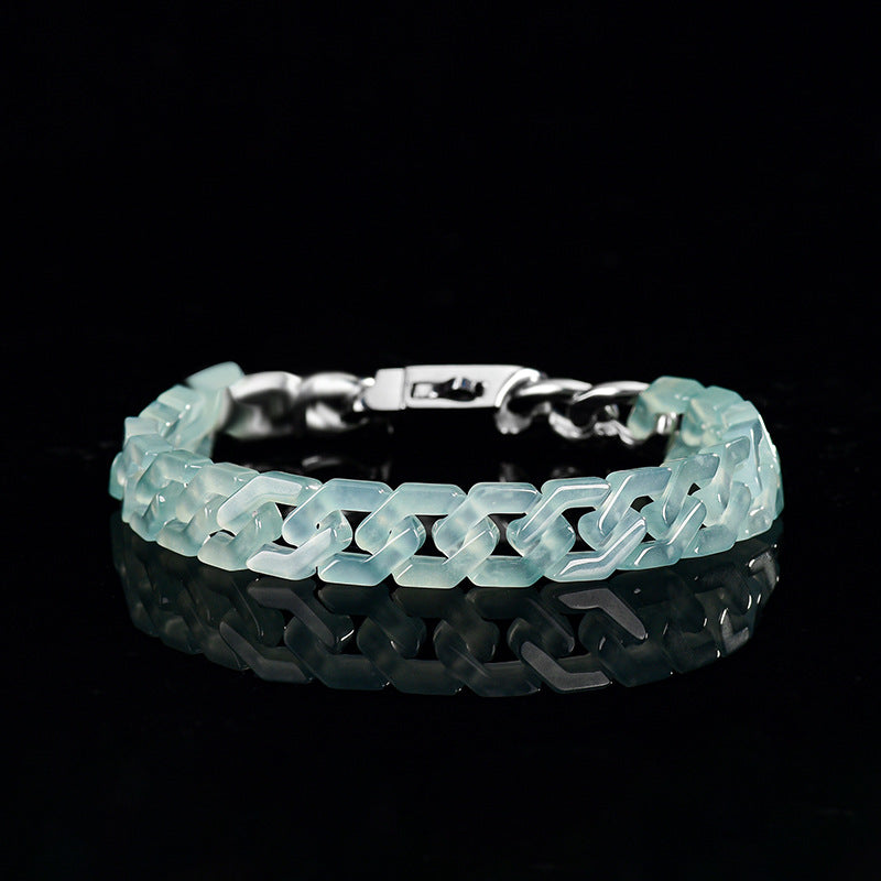 Natural A-Grade Blue Water Jadeite Cuban Link Bracelet – Ice-Type Jade, Titanium Steel, Hip-Hop Style for Women