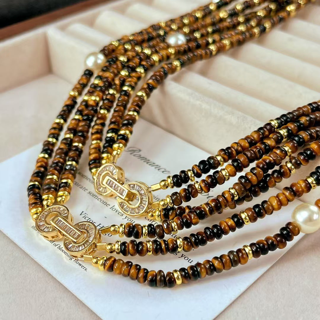 Natural Maillard Tiger's Eye Stone Artificial Crystal Pearl Necklace Vintage Multilayer Clavicle Chain Necklace