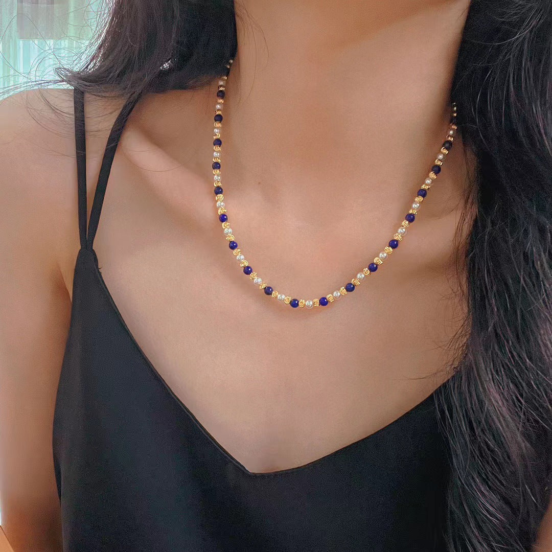 Vintage Natural Lapis Lazuli Pearl Necklace Multi-layer Collarbone Chain Necklace