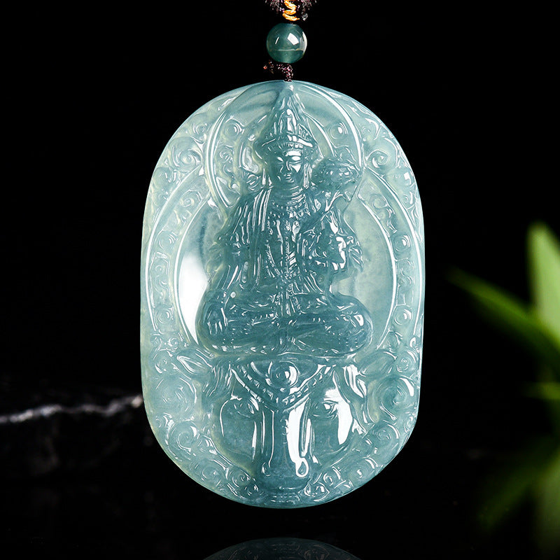 Natural Ice Blue Jadeite Mahasthamaprapta Bodhisattva Pendant – A-Grade Blue Water Jade, Zodiac Horse Guardian Talisman