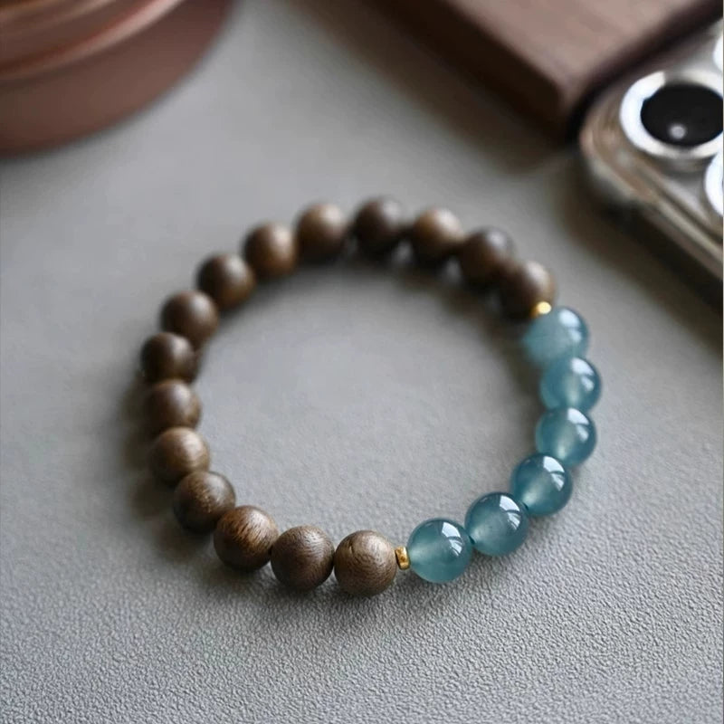 Vietnamese Agarwood Blue Jadeite Bead Bracelet for Women