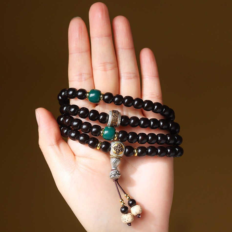 108 Mala Beads Bracelet in Natural Indonesian Black Gold Coconut Crown with Tibetan Silver Guru Bead