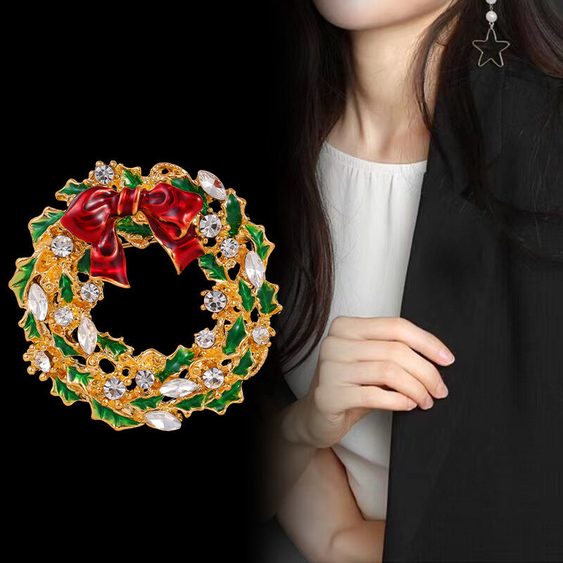 Christmas Tree Bow Wreath Brooch Luxurious Holiday Gift for Women