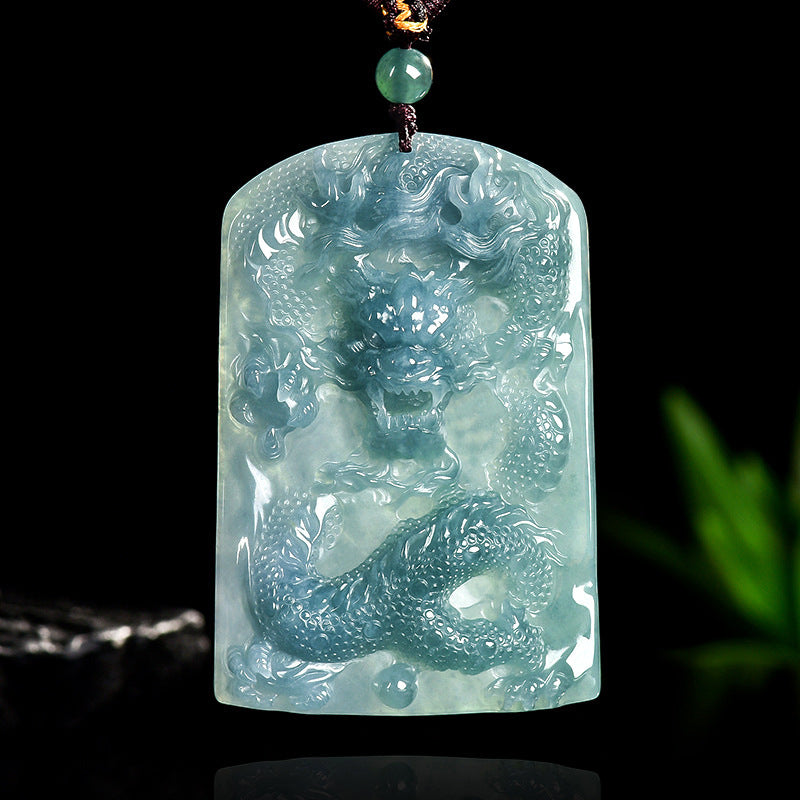 Natural Blue Water Jadeite Dragon Pendant – A-Grade Jade, Powerful Eastern Protection Talisman