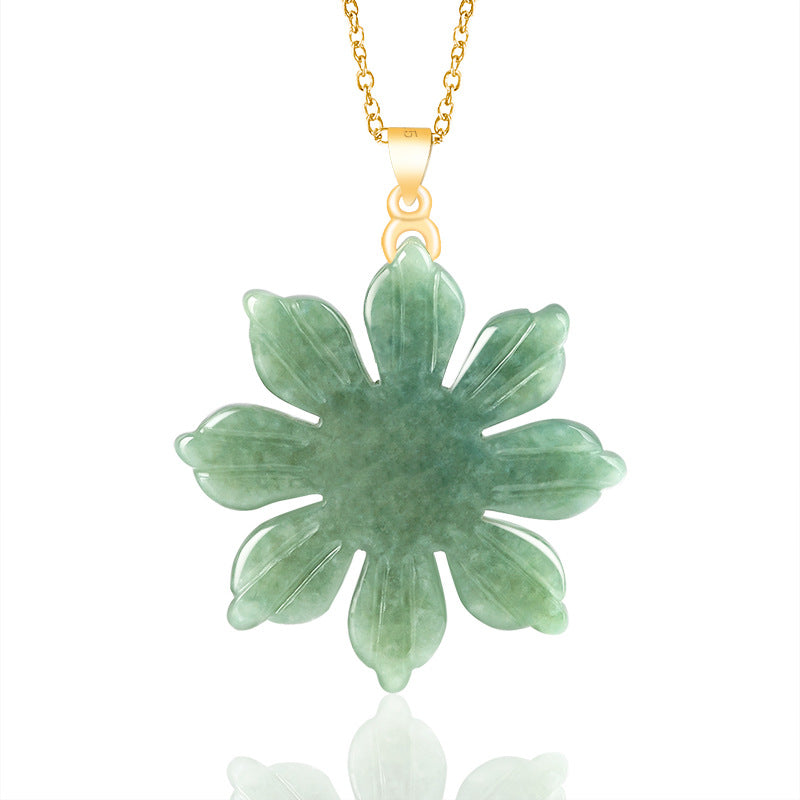 Natural Jadeite Sunflower Pendant, S925 Silver Clasp