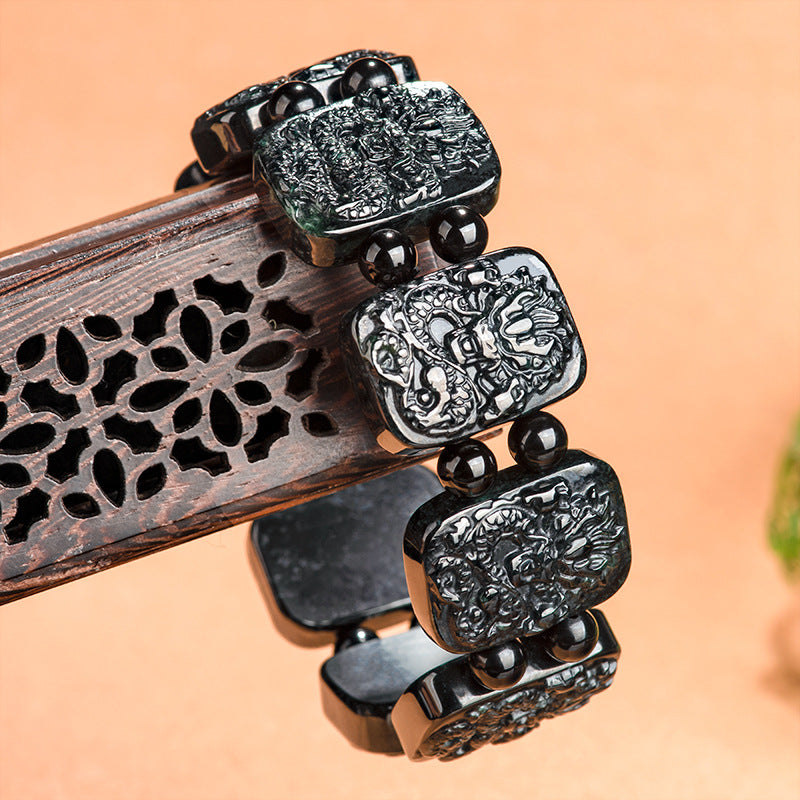 Premium Natural A-Grade Black Jadeite Nine Dragons Guardian Bracelet for Men