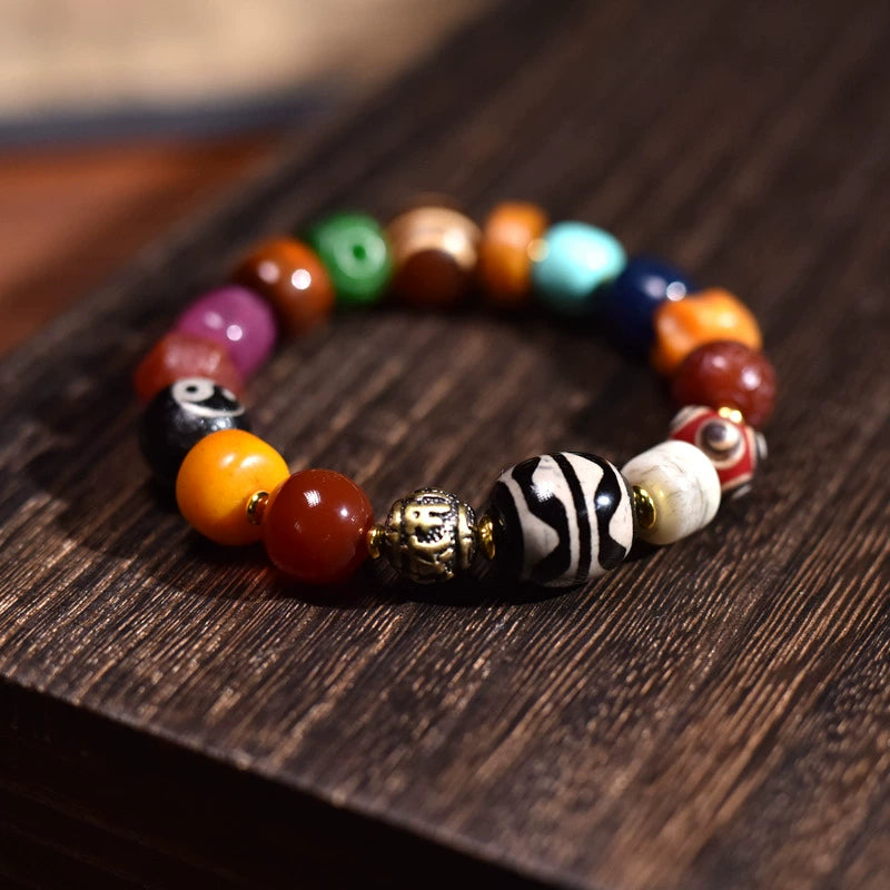 Tibetan Natural Agate Multicolored  Bead Bracelet