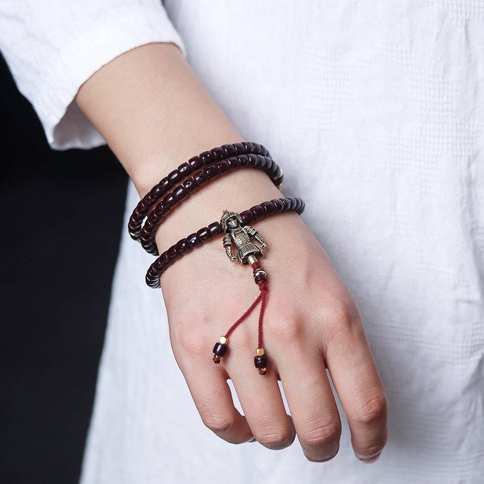 Ancient Cinnabar-Infused Star and Moon Bodhi 108 Mala Beads Bracelet with Tibetan Silver Warrior Charm