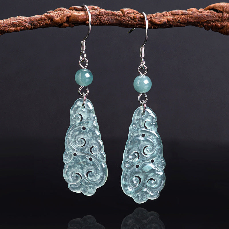 Natural A-Grade Blue Water Jadeite Ruyi Earrings – S925 Silver, Ice-Type Jade, Ancient-Style Women’s Earrings