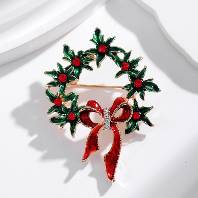 Christmas Bow Wreath Brooch Festive Rhinestone Brooch for Women