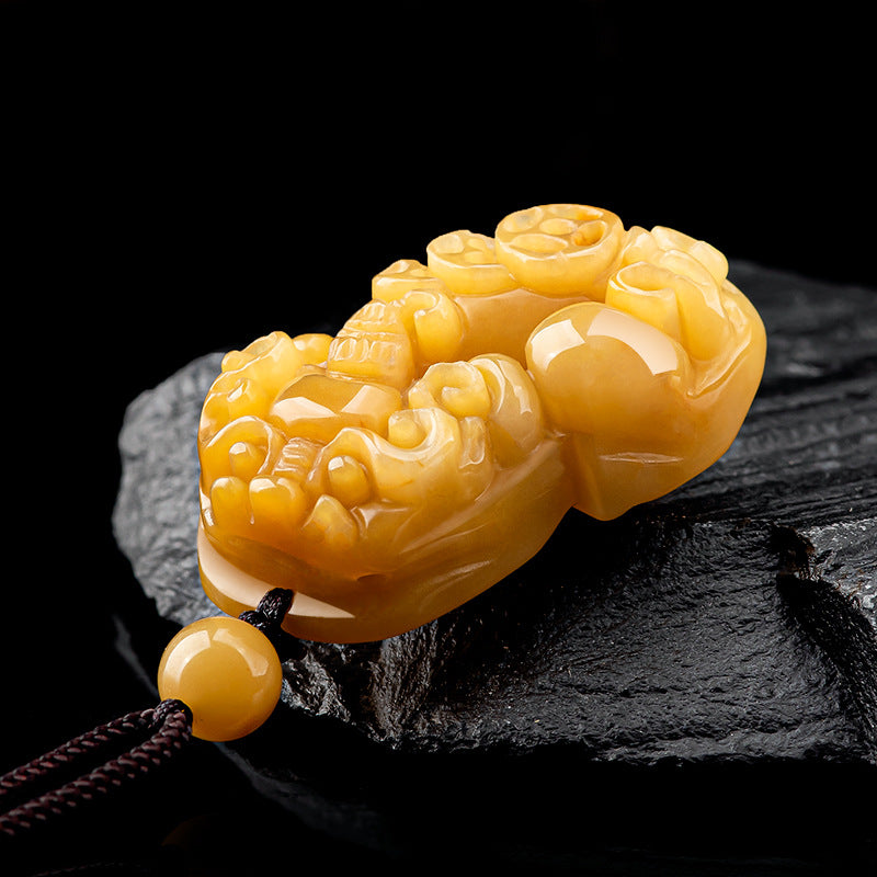Natural Xinjiang Golden Silk Jade Pi Xiu Pendant – Hand-Carved Wealth & Protection Jade Charm, Unisex