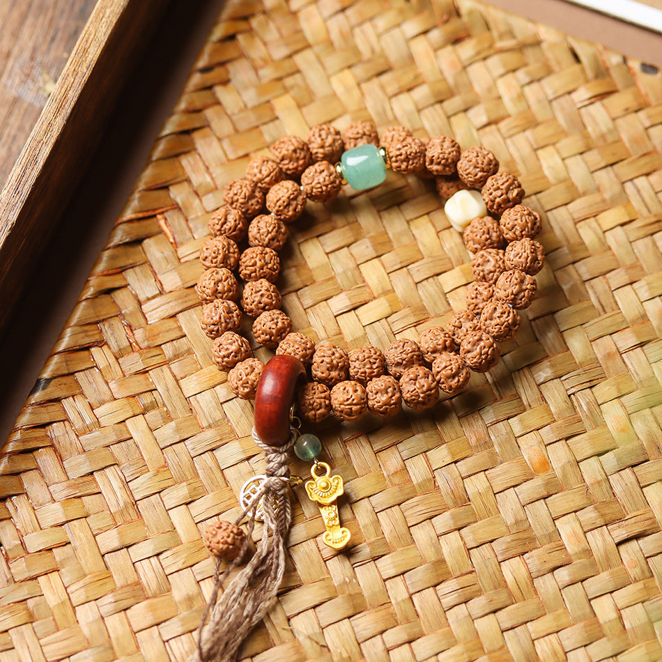 Double Wrap Rudraksha Bracelet with Sandalwood Ring and Gold Ruyi Charm