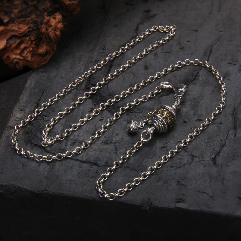 925 Sterling Silver Tibetan Prayer Wheel Pendant Sweater Chain