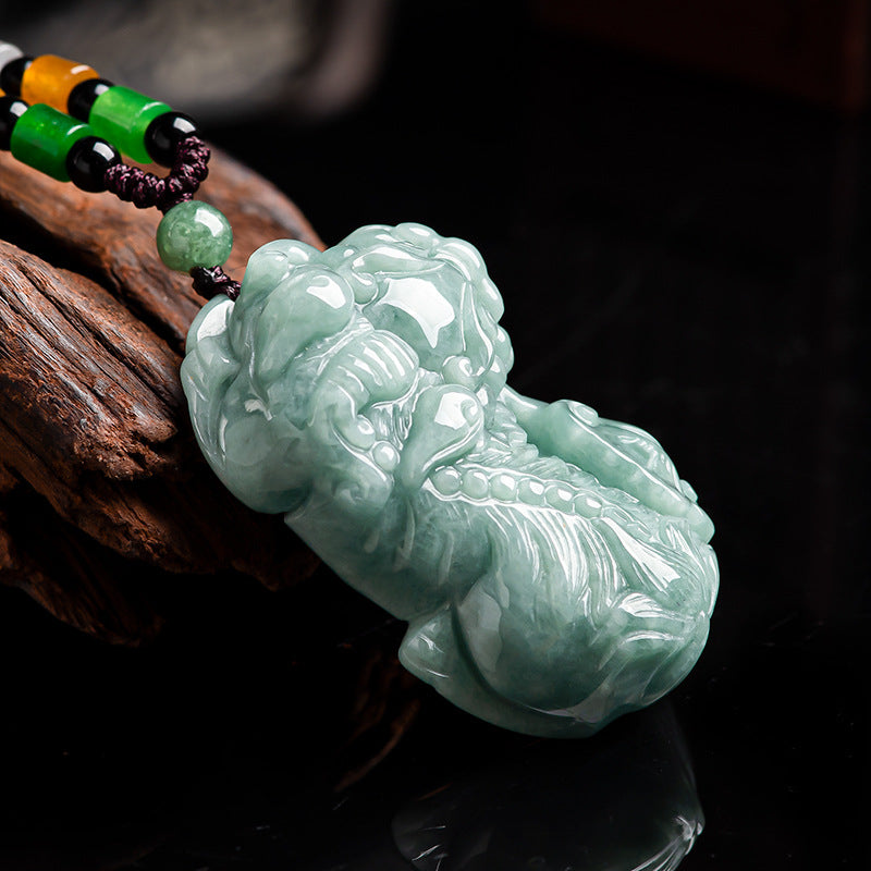 Natural Ice Green Jadeite Pi Xiu Pendant – A-Grade Jade “Ruyi Bawang” Wealth Talisman for Men