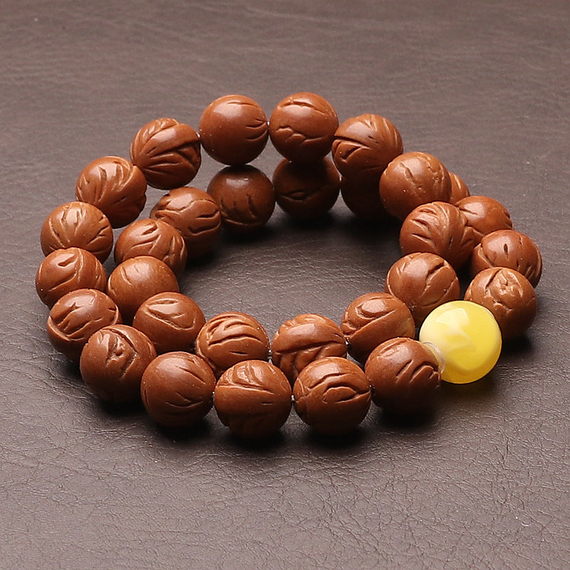 Natural Dragon-Pattern Peach Pit Bracelet – Handcrafted Wenwan Prayer Beads