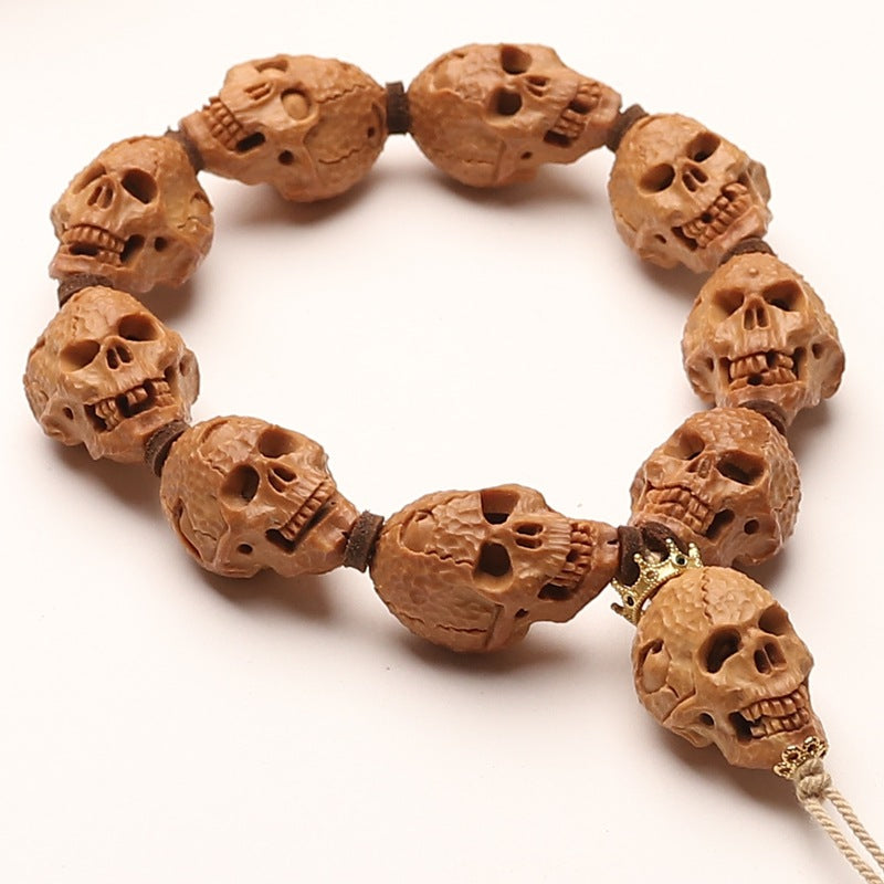 Hand-Carved Olive Pit Skull Bracelet Gothic Wenwan Bead Bracelet 18×26mm