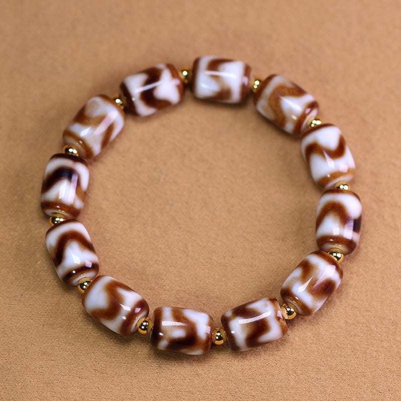 Natural Tibetan Agate Tiger Tooth Dzi Bead Bracelet, 10×14mm
