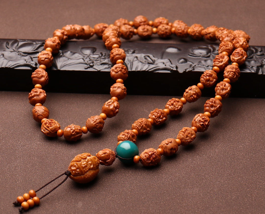 Natural Dragon Pattern Peach Pit 54 Beads Double-Sided 108 Eighteen Arhats Mala Bracelet