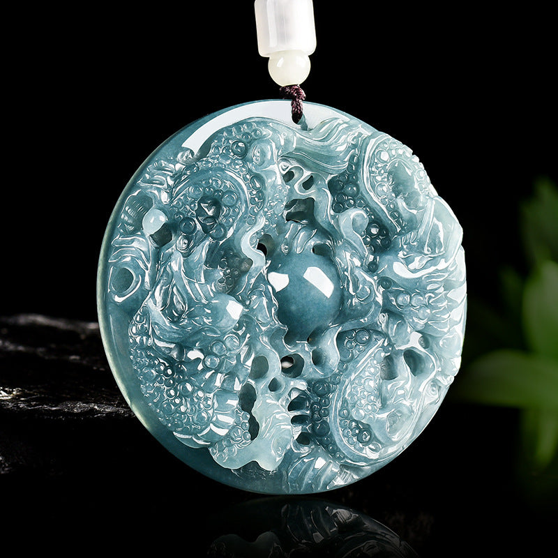 Natural Ice Blue Jadeite Double Dragon “Playing with the Pearl” Pendant – A-Grade Blue Water Jade Zodiac Dragon Talisman
