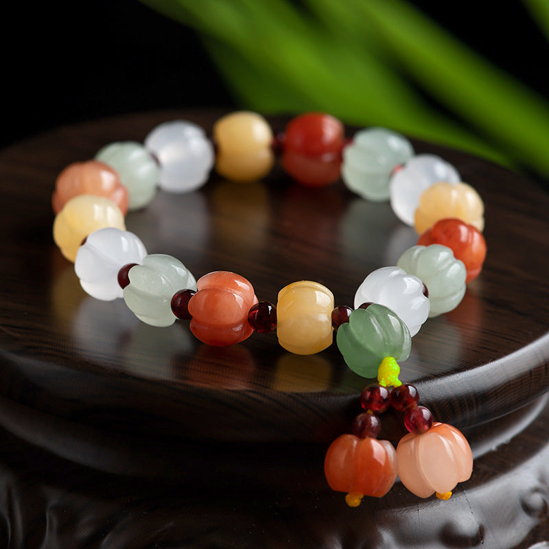 Natural Xinjiang Golden Silk Jade Multicolor Pumpkin Bracelet – Hand-Carved Lucky Feng Shui Jewelry, Unisex