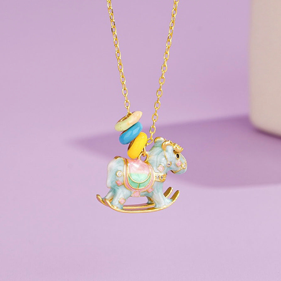 Wooden Horse Necklace for Women – S925 Silver Macaron Enamel Mini Horse Pendant Celebrating the Year of the Horse