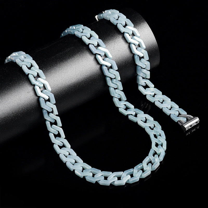 Natural A-Grade Blue Water Jadeite Cuban Link Chain Bracelet & Necklace – Hip-Hop Style Titanium Steel Jewelry for Men & Women