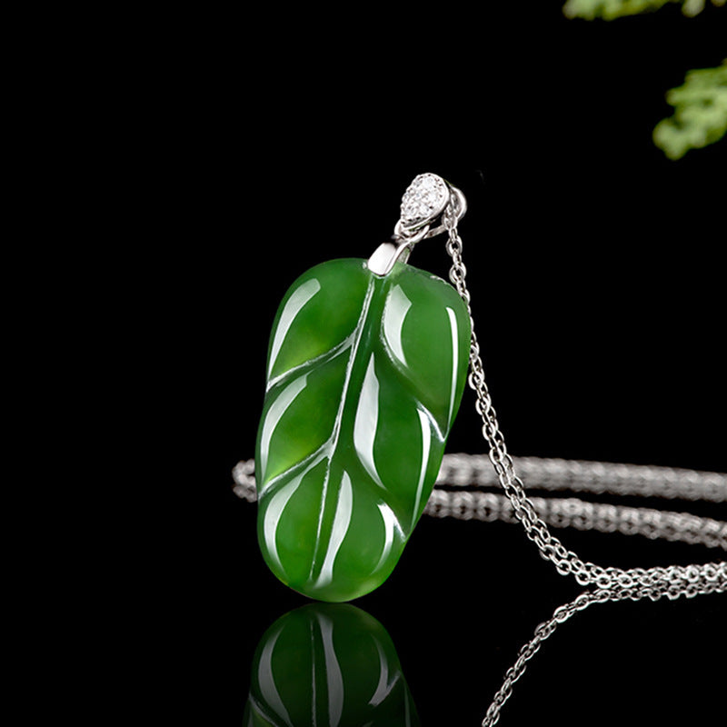Natural Spinach Green Hetian Jade Leaf Necklace, Unisex Design, 925 Sterling Silver Setting