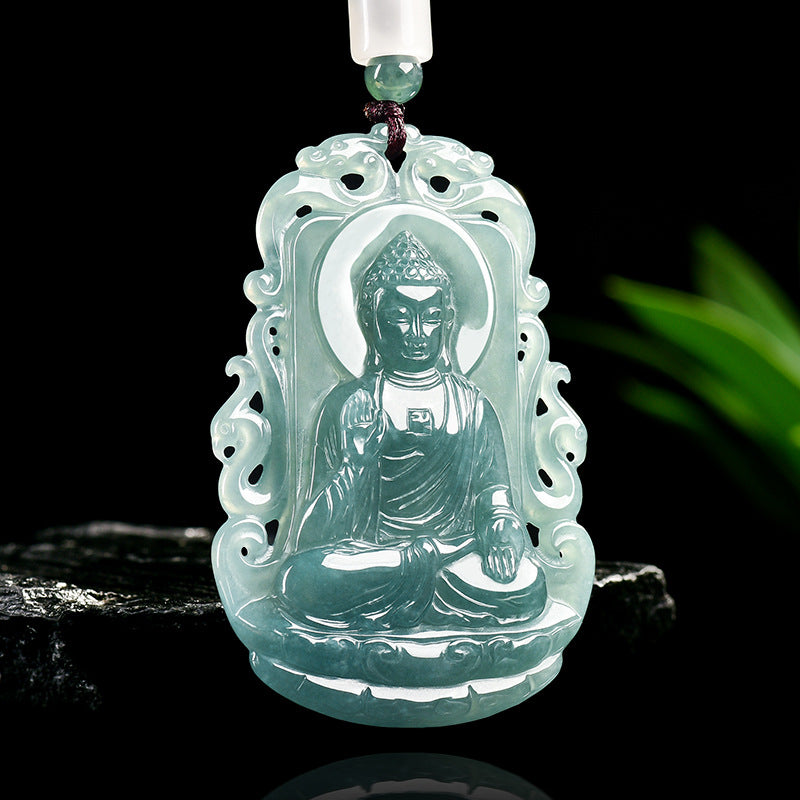 Natural Blue Water Jadeite Amitabha Buddha Pendant – A-Grade Jade, Zodiac Dog & Pig Guardian Talisman