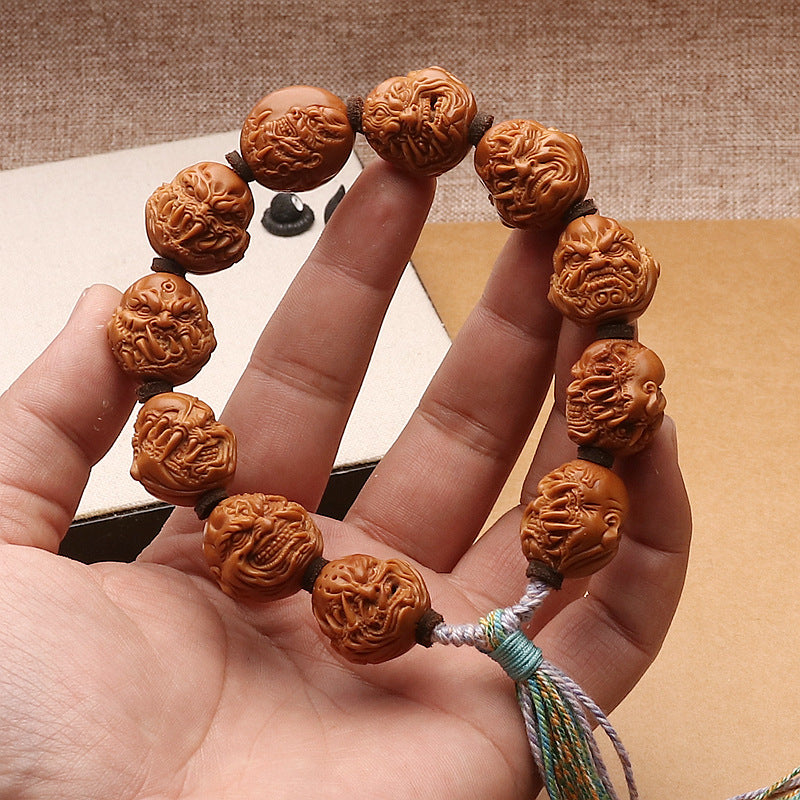 Hand-Carved Olive Pit Fierce Monk Bracelet Bold Wenwan Bead Bracelet 20×21mm