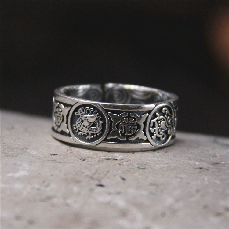 Handmade Sliver Ring Retro and Old Lucky Character Four Divine Beast Ring