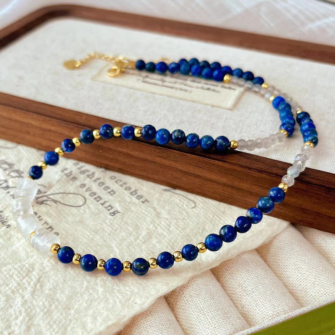 Vintage Natural Lapis Lazuli Necklace White Crystal Gray Moonstone Clavicle Chain Necklace