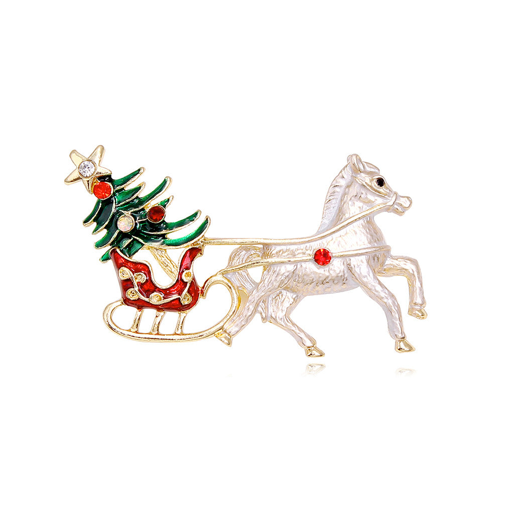 Fashion Alloy White Horse Sled Car Brooch Elegant Holiday Accessory