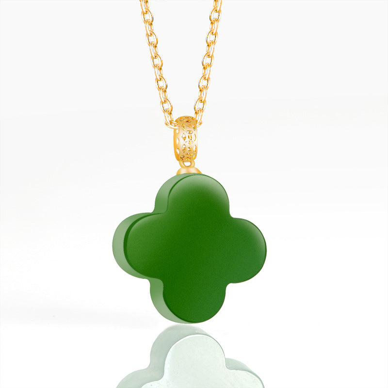 Natural Spinach Green Aged Hetian Green Jade Four-Leaf Clover Pendant with 18K Gold for Women