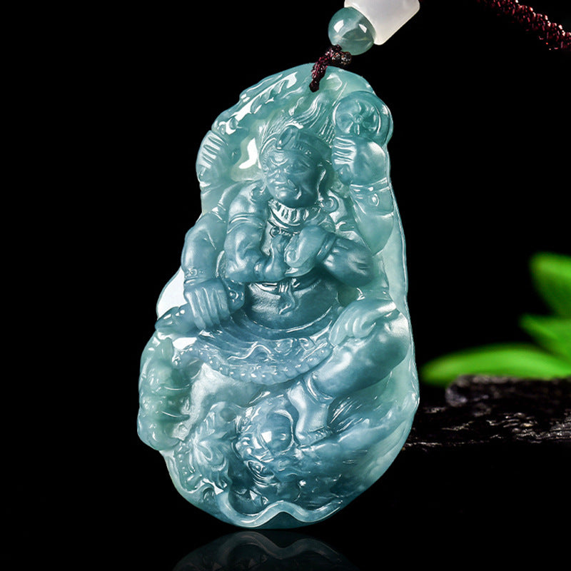 Natural Blue Water Jadeite Acala (Fudō Myō-ō) Pendant – A-Grade Jade, Zodiac Guardian for Rooster