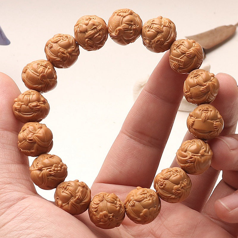 Hand-Carved Monkey Head Walnut Bracelet Featuring God of Wealth Design