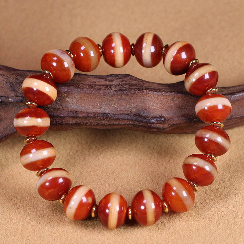 Natural Tibetan Aged Mine Red Agate One-Line Medicine Buddha Bead Bracelet, 10×12mm
