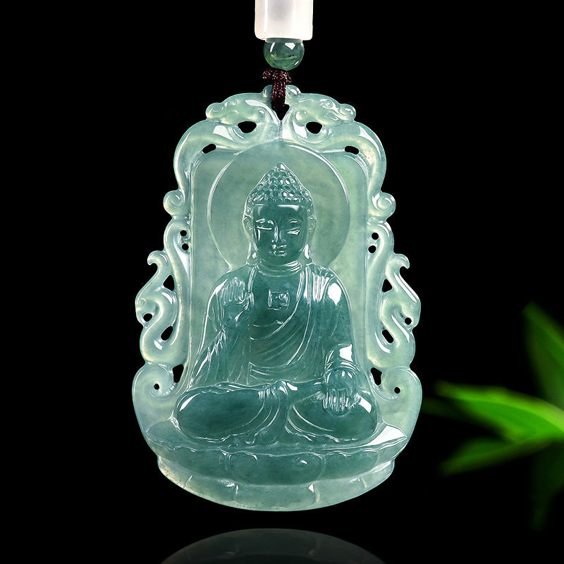Natural Blue Water Jadeite Amitabha Buddha Pendant – A-Grade Jade, Zodiac Dog & Pig Guardian Talisman