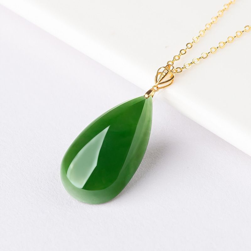 Natural Spinach Green Aged Hetian Jade Teardrop Pendant Necklace, Unisex, 18K Gold Setting
