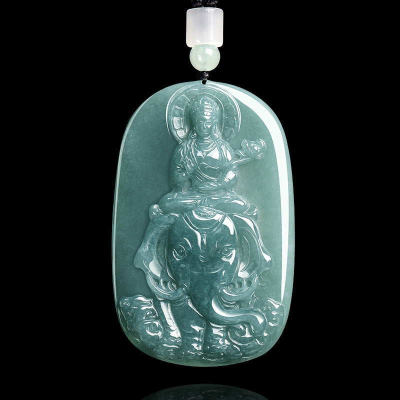 Natural Blue Water Jadeite Samantabhadra & Guanyin Pendant – A-Grade Jade, Zodiac Dragon & Snake Guardian Talisman