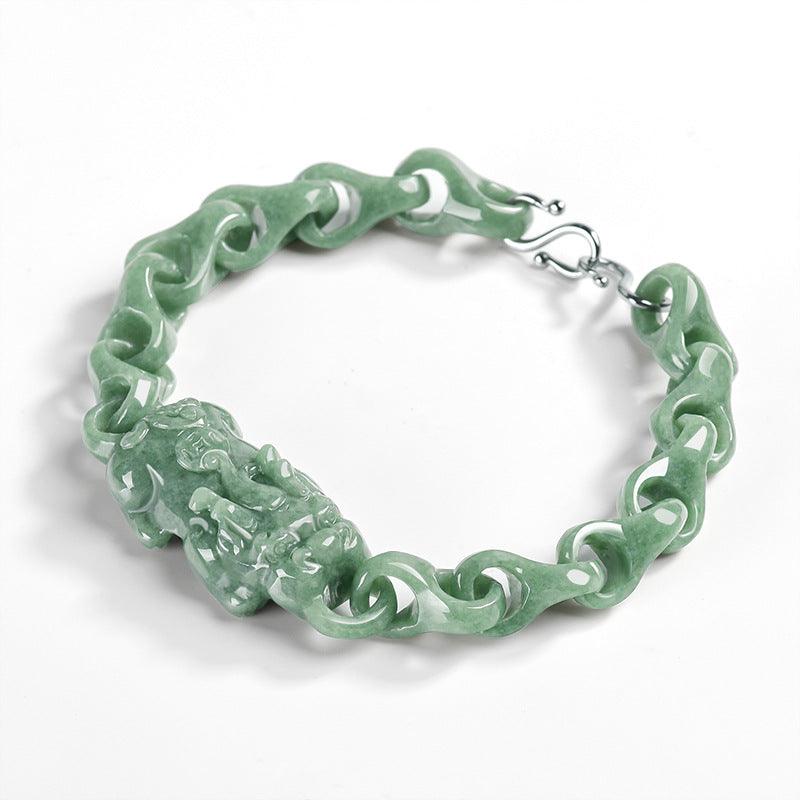 Natural A-Grade Bean Green Jadeite Pixiu Bracelet – Central Pixiu Talisman, Spiritual Protection, Unisex Design
