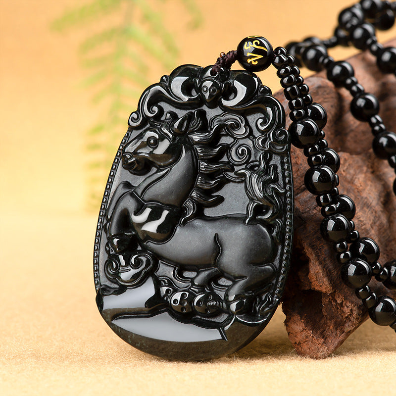 Natural A-Grade Black Jadeite Horse Zodiac Pendant
