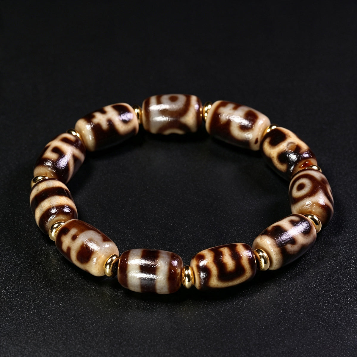 Natural Agate & Chalcedony Tiger Tooth & Three-Eye Dzi Bead Bracelet