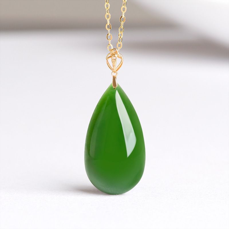 Natural Spinach Green Aged Hetian Jade Teardrop Pendant Necklace, Unisex, 18K Gold Setting