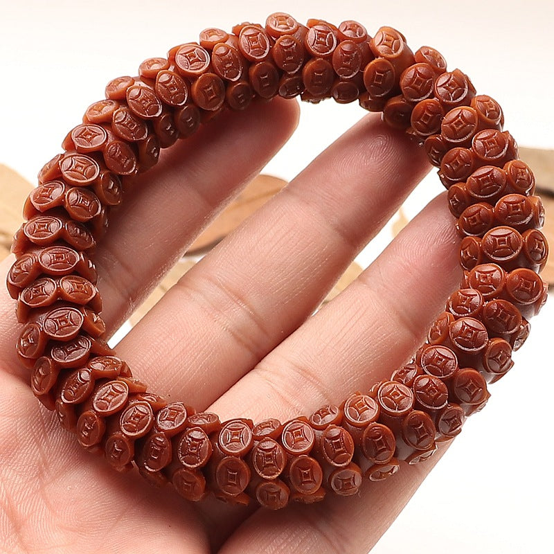 Hand-Carved Natural Olive Pit Coin Bead Bracelet Wenwan Lucky Money Bracelet