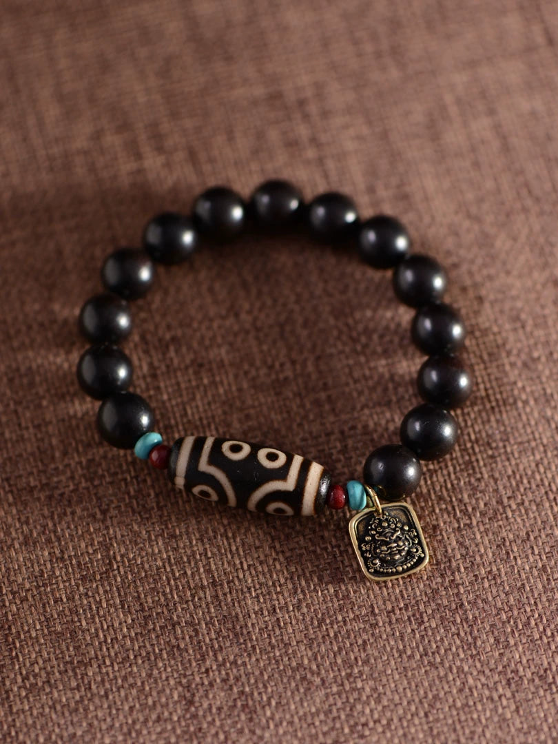 Ebony Tibetan Agate Dzi Beads Charm Bracelet