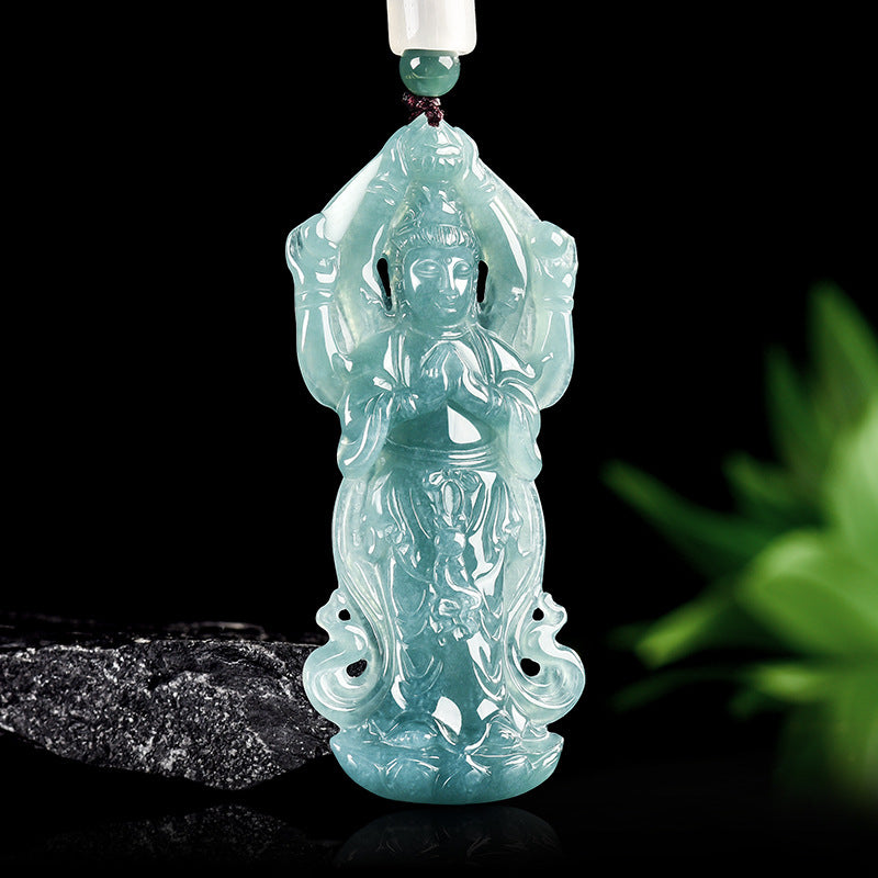 Natural Blue Water Jadeite Thousand-Armed Guanyin Pendant – Zodiac Rat Guardian Buddha