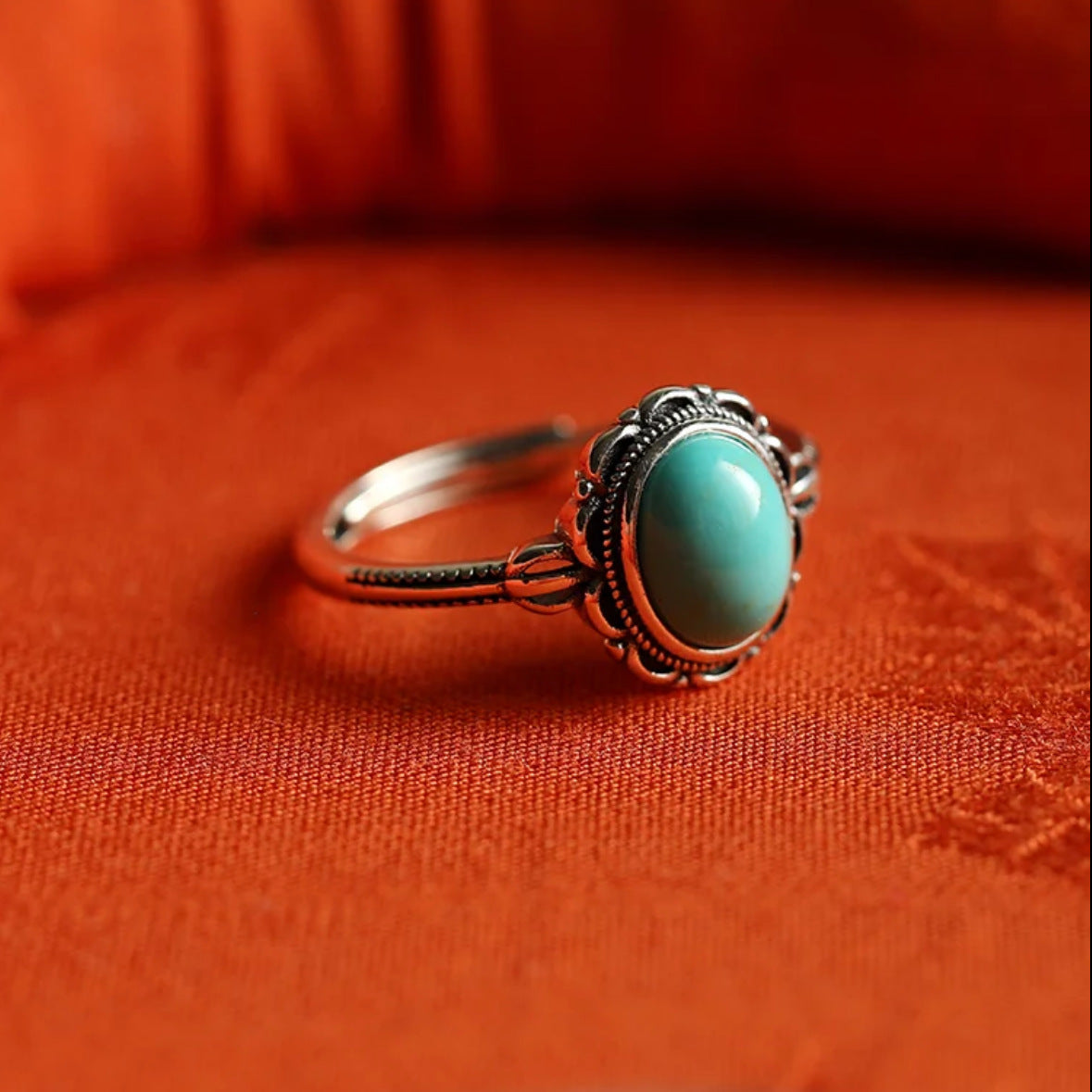 Vintage S925 Sterling Silver Adjustable Open Ring with Turquoise & White Chalcedony