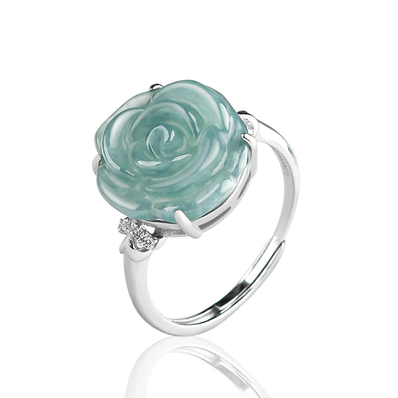Natural A-Grade Blue Water Jadeite Rose Ring – S925 Silver Adjustable Ice Jade Fashion Ring for Women